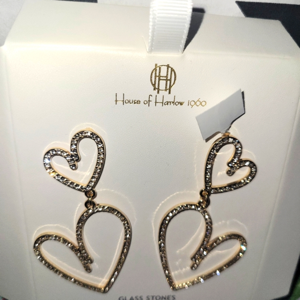 GORGEOUS DROP CRYSTAL GOLD DOUBLE HEART EARRINGS 💕